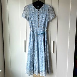 Blush Baby Blue and Black Short Sleeve Lacey Midi Dress with Faux Pearl Belt